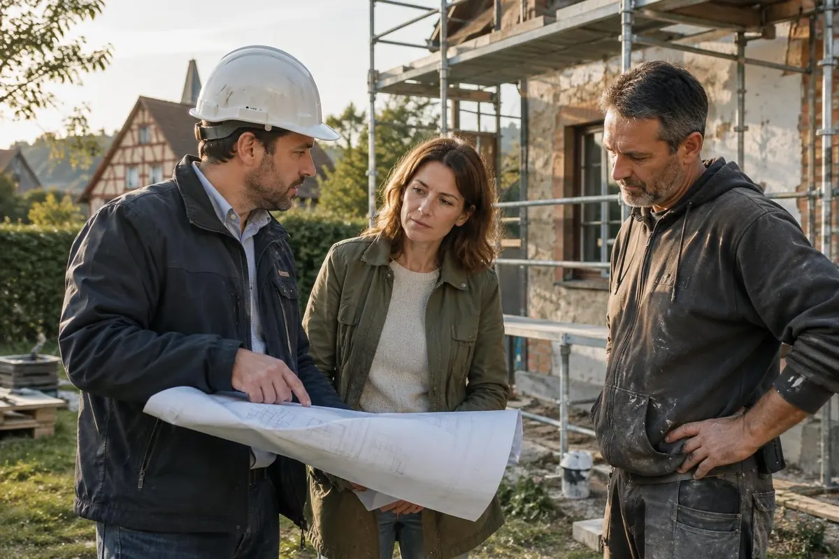 Réunion de chantier entre un ingénieur, une propriétaire et un artisan