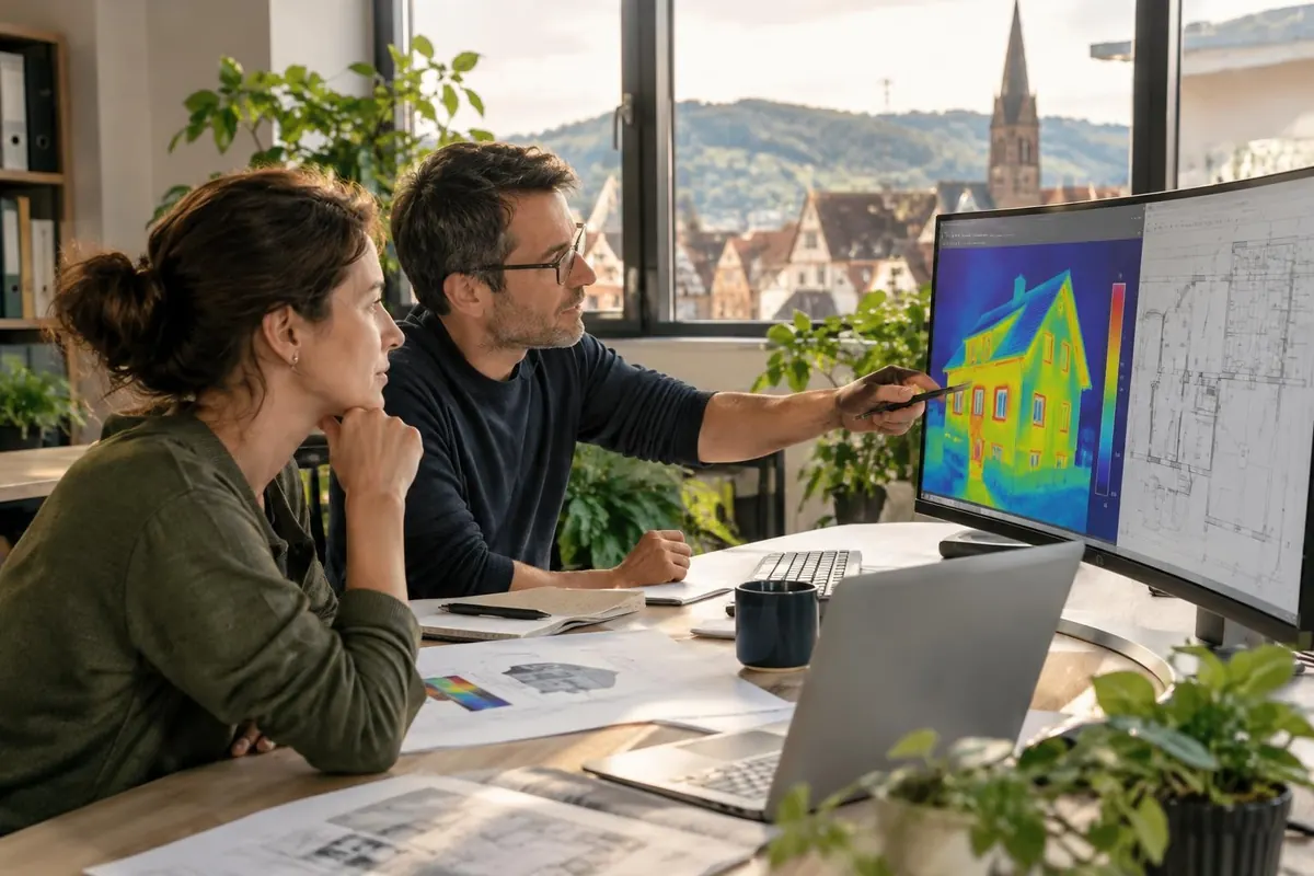 Deux ingénieurs d'Energeo devant une thermographie et un plan de bâtiment