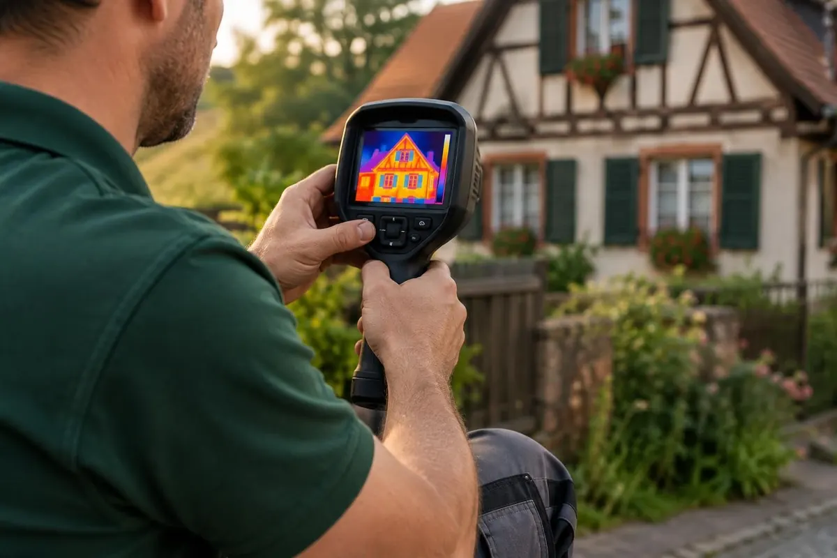 Caméra thermique pointée sur la façade d'une maison, image infrarouge à l'écran