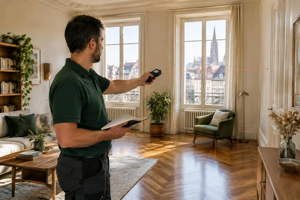 Diagnostiqueur mesurant un appartement au télémètre laser