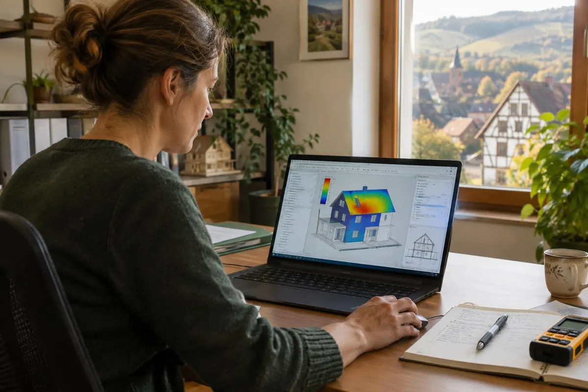 Ingénieure thermicienne devant un logiciel de calcul thermique