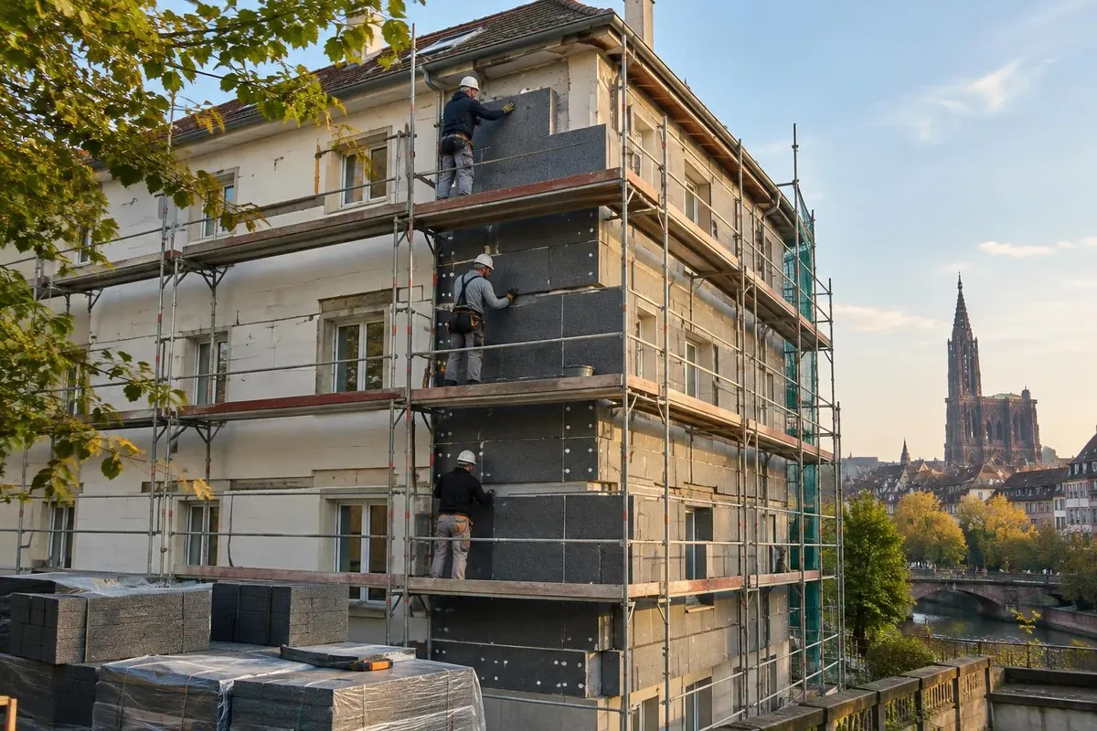 Chantier d'isolation par l'extérieur sur un immeuble