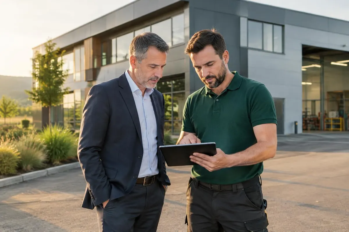 Technicien et dirigeant devant un bâtiment d'entreprise