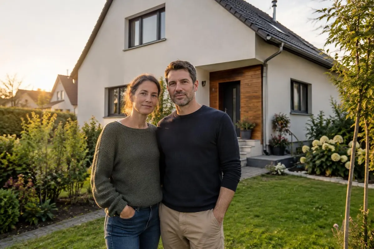 Couple de propriétaires devant leur maison rénovée